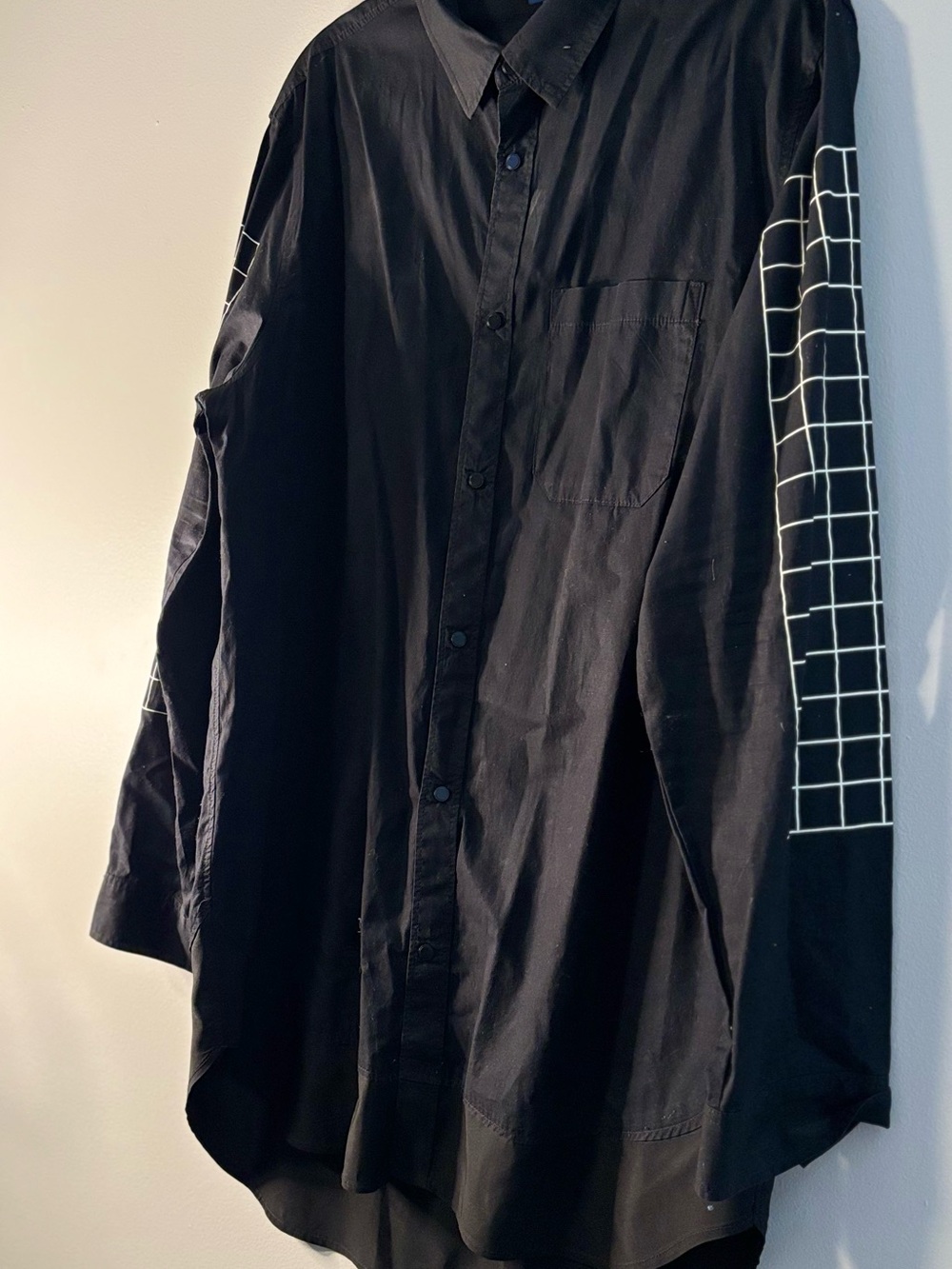 H&M Black Button-Up Shirt Jacket with White Grid Sleeve